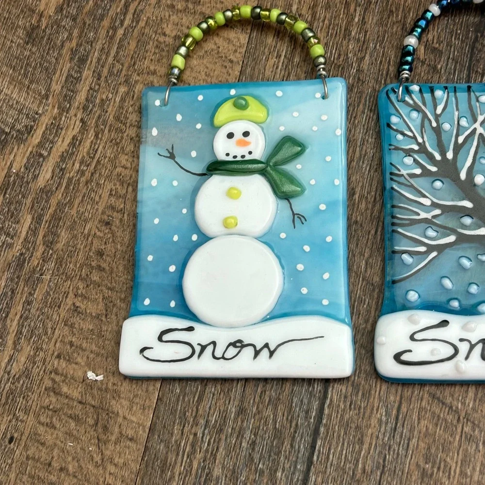 Handmade Fused Glass Winter Snowman and Tree Ornaments Suncatchers Set of 2 Blue